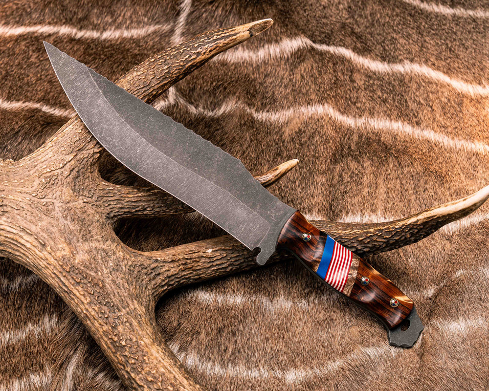 American Bowie- Desert Ironwood, Hawaiian Curly Koa, Blue, Cherry and White G10 Split, Patriot Mosaic Pins, Textured Grip