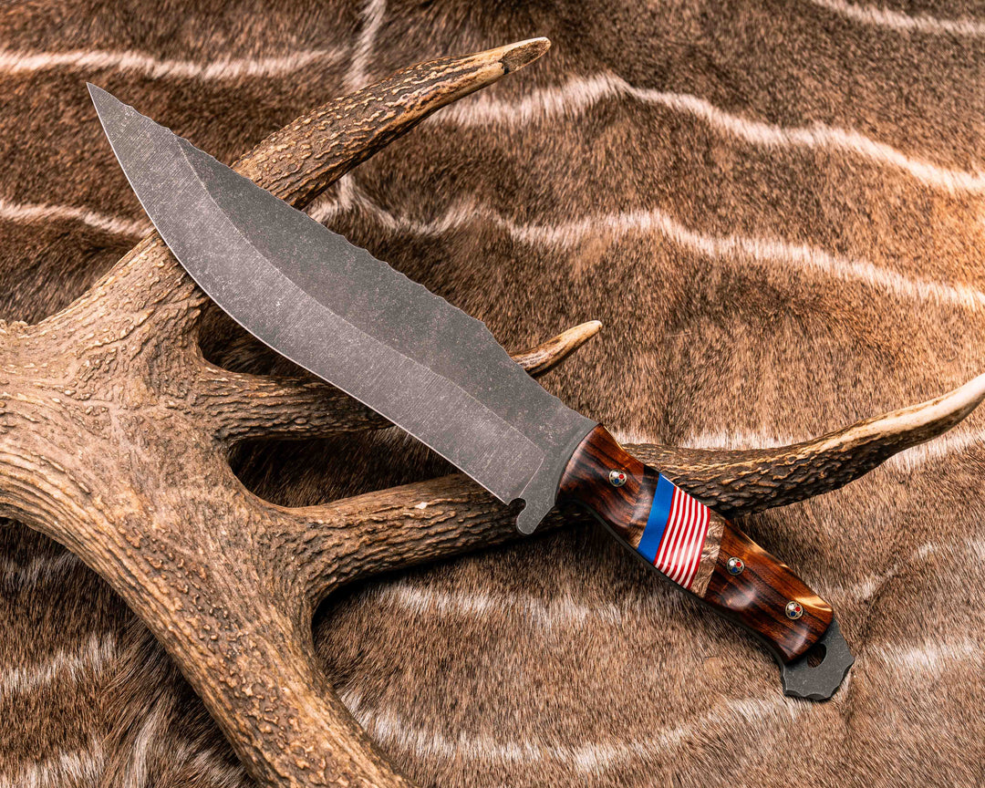 American Bowie- Desert Ironwood, Hawaiian Curly Koa, Blue, Cherry and White G10 Split, Patriot Mosaic Pins, Textured Grip