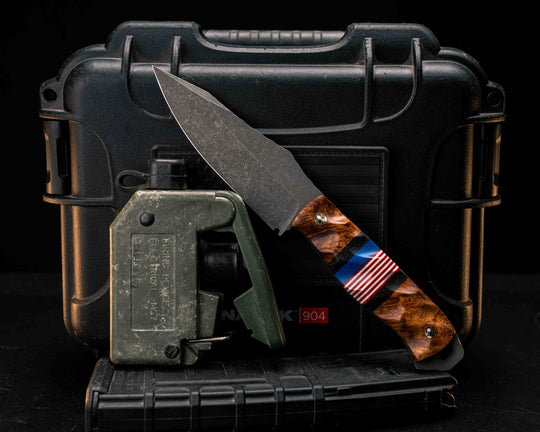 Field Knife - Afzelia Burl, Ancient Bog Oak, Blue G10 and Red and White G10 Split, Patriot Mosaic Pine, Textured Grip