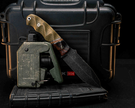 Disaster Jr- Desert Ironwood, Black G10, Aluminum and Black Ash Burl Split, Olive Green Canvas Micarta, Mosaic Pins, Aluminum Lanyard Pin, Textured Grip