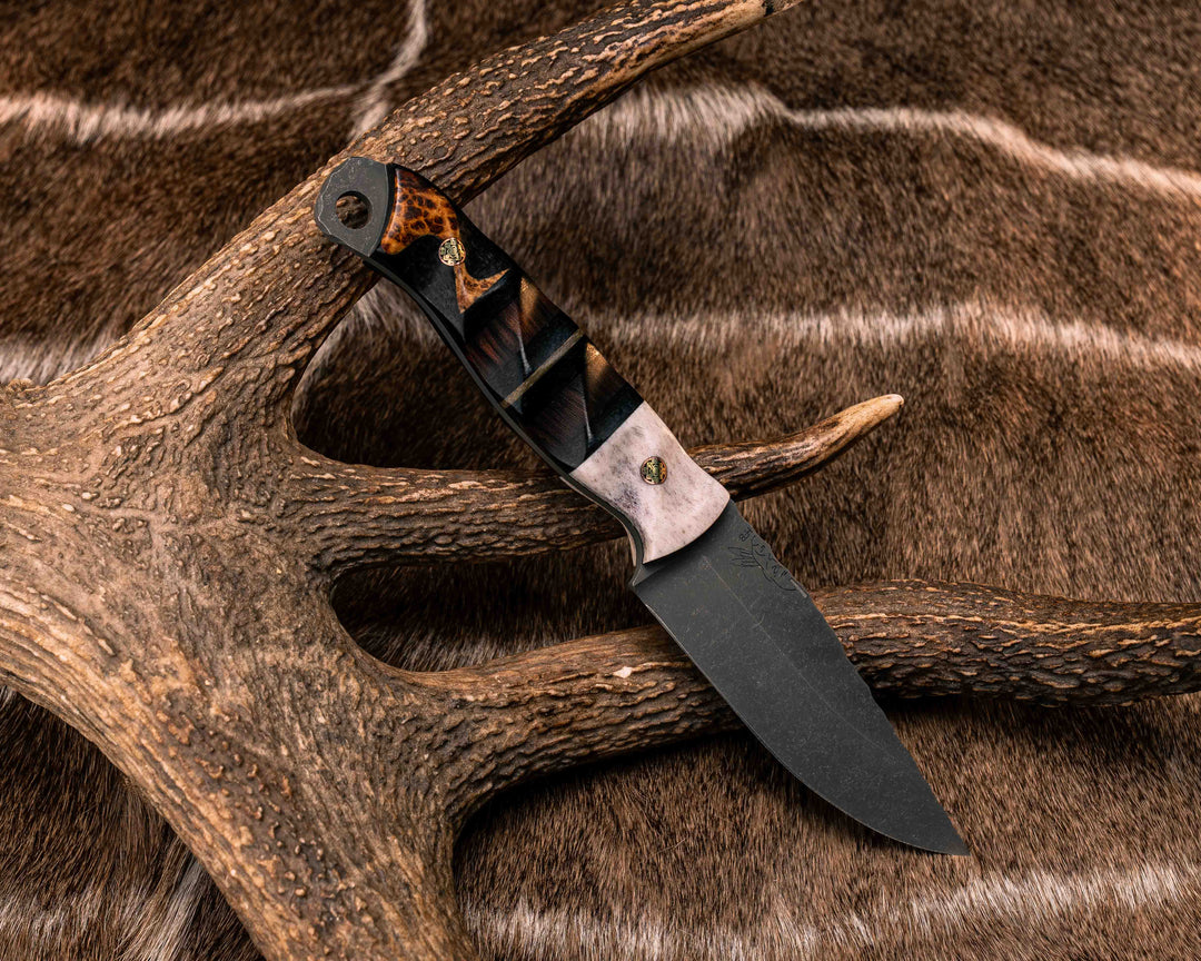 Crow Jr- Elk Antler, Black Canvas Micarta, Desert Ironwood and OD Green Canvas Micarta Split, Black Ash Over Black Burlap Micarta, Mosaic Pins, Textured Grip