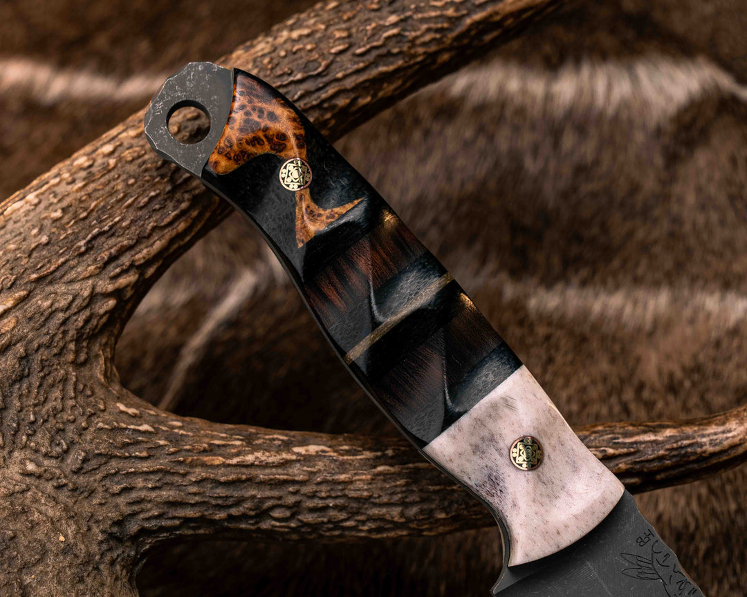 Crow Jr- Elk Antler, Black Canvas Micarta, Desert Ironwood and OD Green Canvas Micarta Split, Black Ash Over Black Burlap Micarta, Mosaic Pins, Textured Grip