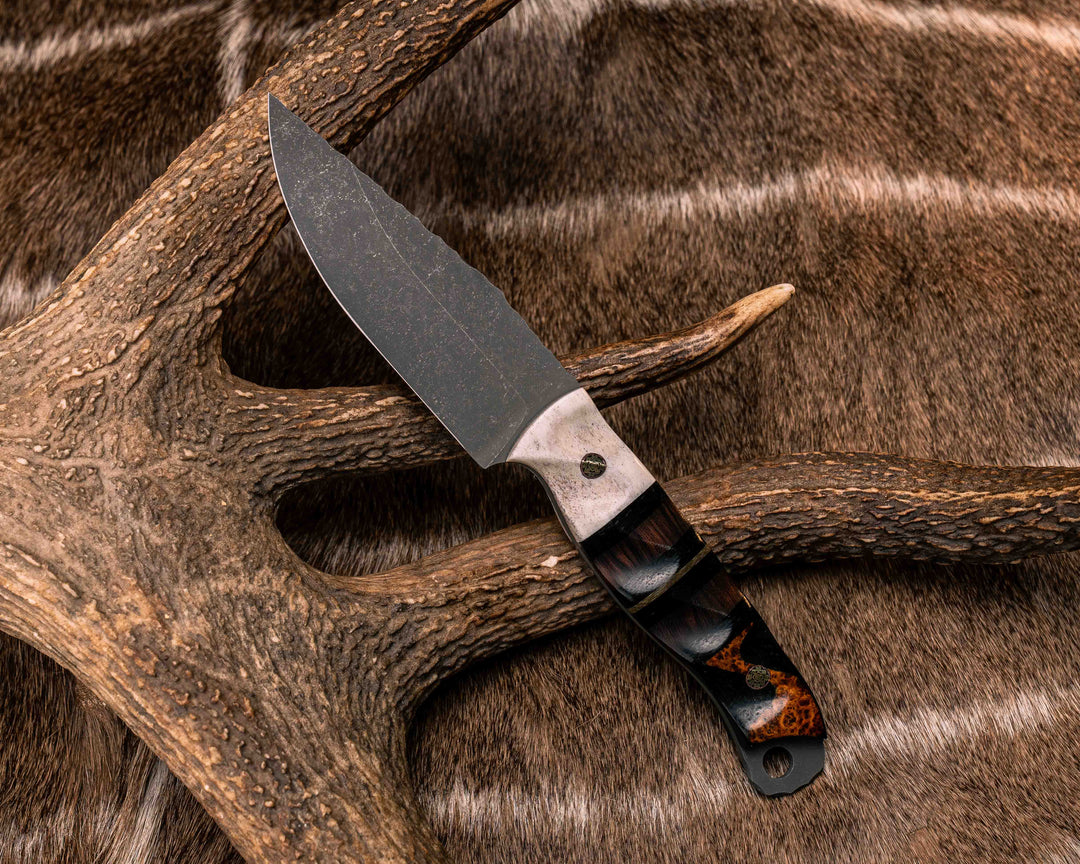 Crow Jr- Elk Antler, Black Canvas Micarta, Desert Ironwood and OD Green Canvas Micarta Split, Black Ash Over Black Burlap Micarta, Mosaic Pins, Textured Grip