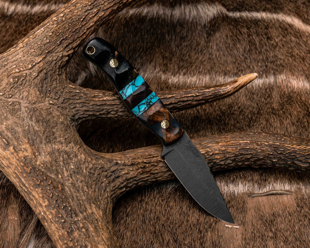 Crow Cub- Hawaiian Curly Koa Over Black Canvas Micarta, Black G10 Pin Striping, Turquoise with Black Web Tru-stone and Hawaiian Curly Koa Split, Black Burlap Micarta, Mosaic Pins, Brass Lanyard Pin, Textured Grip