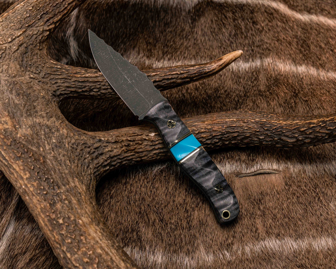 Crow Cub- Dyed Curly Maple, Grey G10, Brass and Black G10 Pin Striping, Turquoise Tru-stone Split, Mosaic Pins, Brass Lanyard Pin, Textured Grip