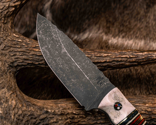 Cav Jr- Elk Antler, Black G10 and Brass Pin Striping, Blue Canvas Micarta, White G10 and Red Canvas Micarta Split, Desert Ironwood, Patriot Mosaic Pins, Brass Lanyard Pin, Textured Grip
