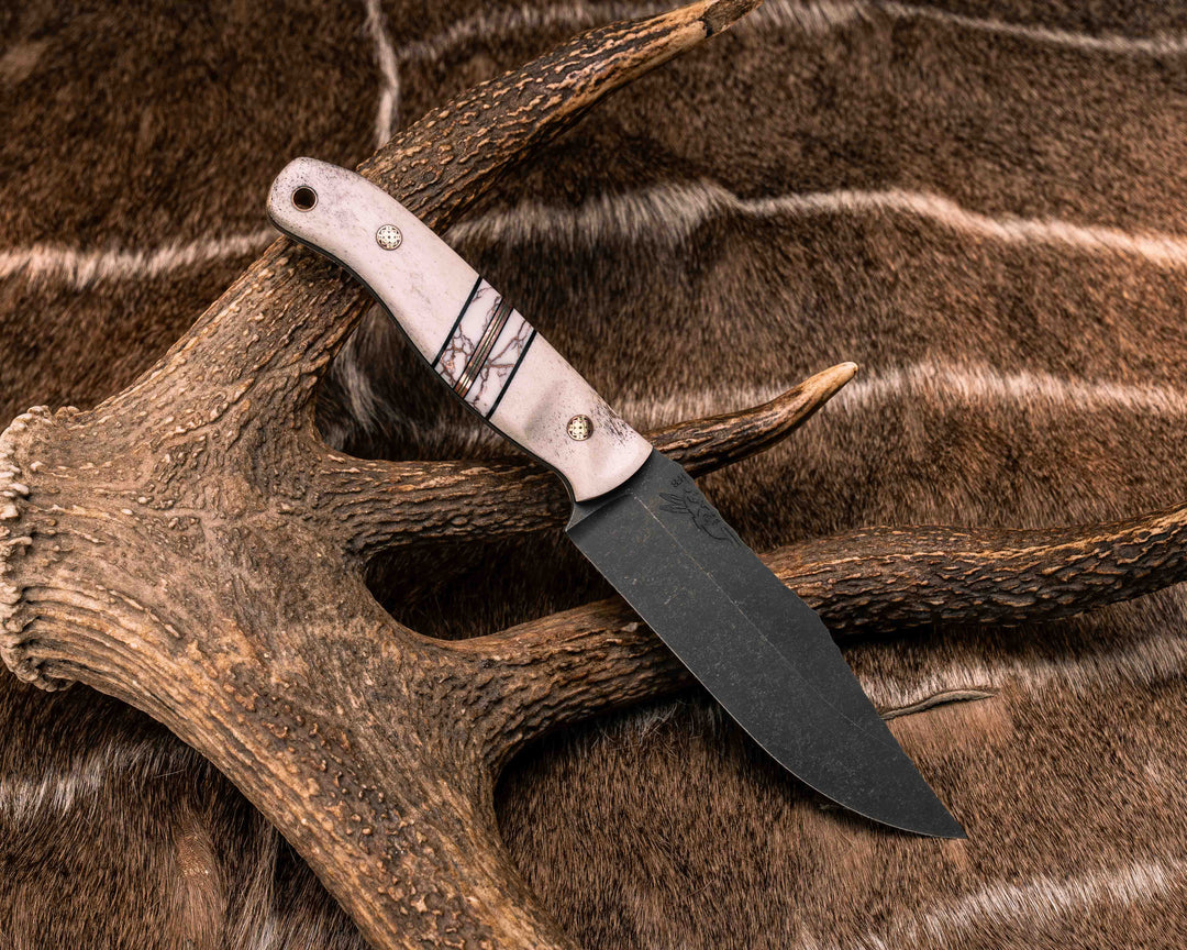 Crow Scout- Elk Antler, Black G10, Copper and Brass Pin Striping, White with Copper Web Tru-stone Split, Mosaic Pins, Copper Lanyard Pin, Textured Grip