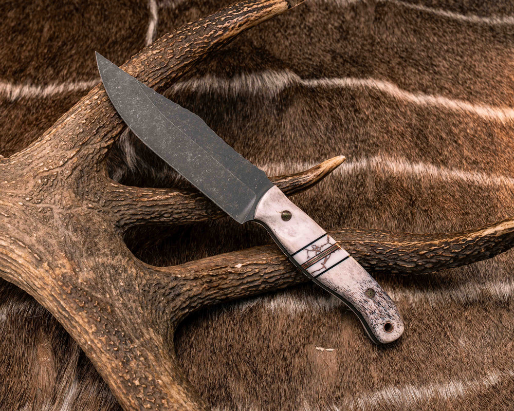 Crow Scout- Elk Antler, Black G10, Copper and Brass Pin Striping, White with Copper Web Tru-stone Split, Mosaic Pins, Copper Lanyard Pin, Textured Grip