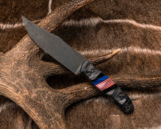 Crow Scout- Dyed Curly Maple, Black G10, Blue G10 and Red and White G10 Split, Patriot Mosaic Pins, Brass Lanyard Pin, Textured Grip