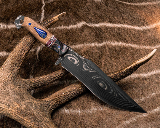 American Bowie- Sherman Tank Damascus SanMai- Geronimo Lapis Azuli Stone Inlay from Abbottabad Pakistan, WWI,WWII, Vietnam & Modern SEAL Cammie Micarta, American Flag Split, White Oak from the U.S.S. Constitution, Lapis in Brass Pins, Textured Grip