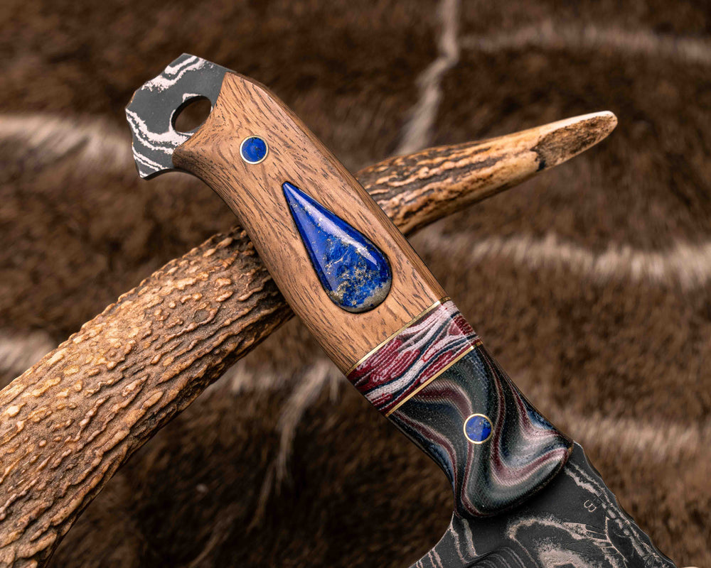 American Bowie- Sherman Tank Damascus SanMai- Geronimo Lapis Azuli Stone Inlay from Abbottabad Pakistan, WWI,WWII, Vietnam & Modern SEAL Cammie Micarta, American Flag Split, White Oak from the U.S.S. Constitution, Lapis in Brass Pins, Textured Grip