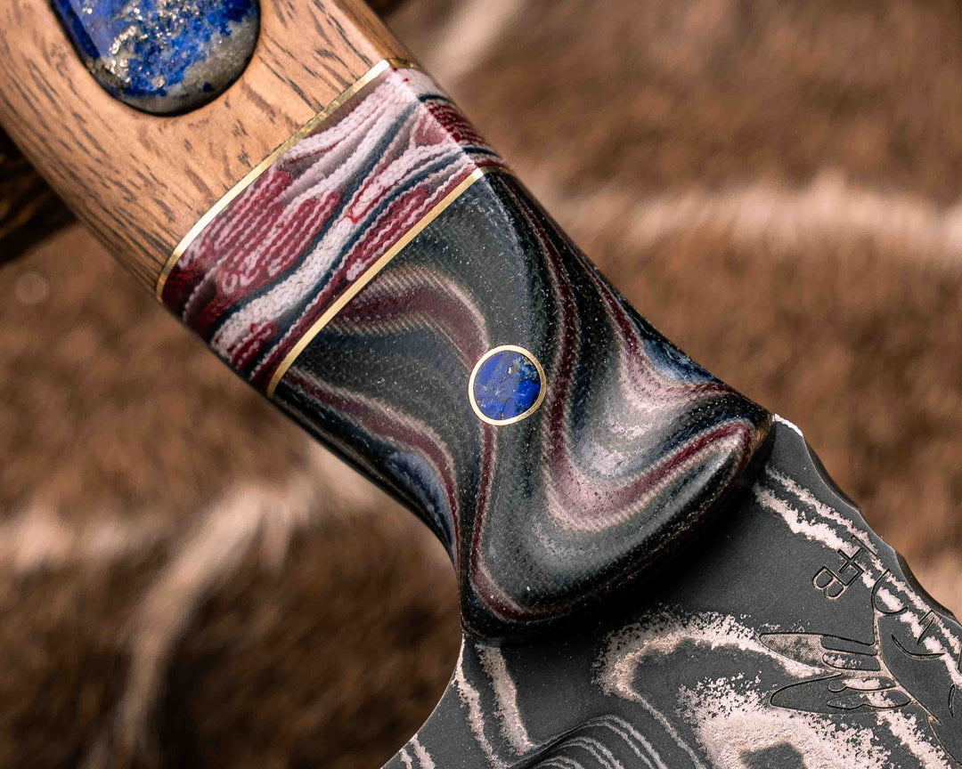 American Bowie- Sherman Tank Damascus SanMai- Geronimo Lapis Azuli Stone Inlay from Abbottabad Pakistan, WWI,WWII, Vietnam & Modern SEAL Cammie Micarta, American Flag Split, White Oak from the U.S.S. Constitution, Lapis in Brass Pins, Textured Grip