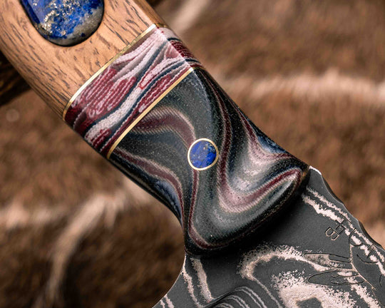 American Bowie- Sherman Tank Damascus SanMai- Geronimo Lapis Azuli Stone Inlay from Abbottabad Pakistan, WWI,WWII, Vietnam & Modern SEAL Cammie Micarta, American Flag Split, White Oak from the U.S.S. Constitution, Lapis in Brass Pins, Textured Grip
