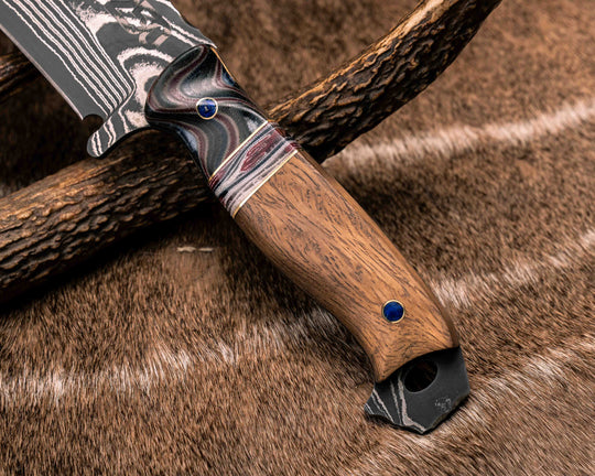 American Bowie- Sherman Tank Damascus SanMai- Geronimo Lapis Azuli Stone Inlay from Abbottabad Pakistan, WWI,WWII, Vietnam & Modern SEAL Cammie Micarta, American Flag Split, White Oak from the U.S.S. Constitution, Lapis in Brass Pins, Textured Grip