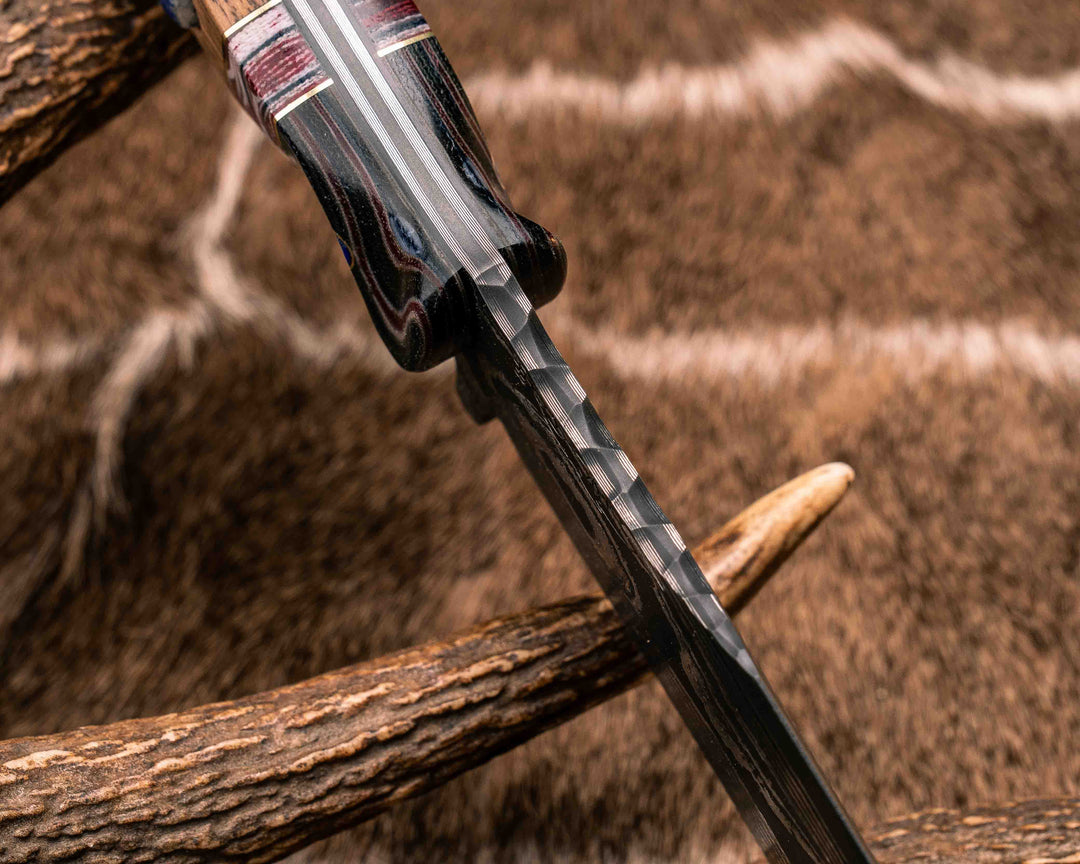 American Bowie- Sherman Tank Damascus SanMai- Geronimo Lapis Azuli Stone Inlay from Abbottabad Pakistan, WWI,WWII, Vietnam & Modern SEAL Cammie Micarta, American Flag Split, White Oak from the U.S.S. Constitution, Lapis in Brass Pins, Textured Grip