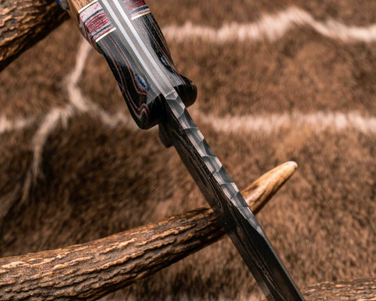 American Bowie- Sherman Tank Damascus SanMai- Geronimo Lapis Azuli Stone Inlay from Abbottabad Pakistan, WWI,WWII, Vietnam & Modern SEAL Cammie Micarta, American Flag Split, White Oak from the U.S.S. Constitution, Lapis in Brass Pins, Textured Grip