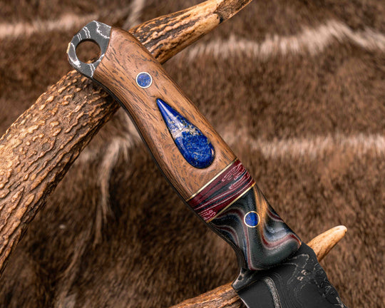 Crow Scout-Sherman Tank SanMai Damascus- Geronimo Lapis Azuli Stone Inlay from Abbottabad Pakistan, WWI,WWII, Vietnam & Modern SEAL Cammie Micarta, American Flag Split, White Oak from the U.S.S. Constitution, Lapis in Brass Pins, Textured Grip