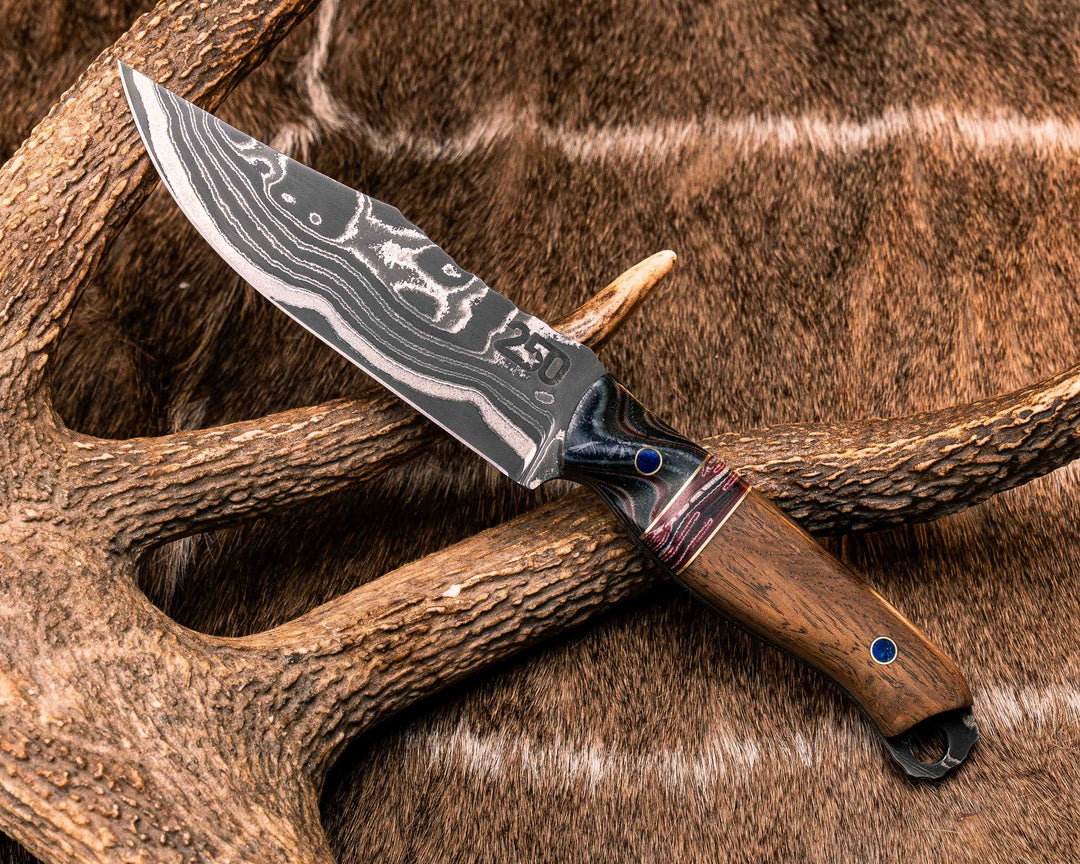 Crow Scout-Sherman Tank SanMai Damascus- Geronimo Lapis Azuli Stone Inlay from Abbottabad Pakistan, WWI,WWII, Vietnam & Modern SEAL Cammie Micarta, American Flag Split, White Oak from the U.S.S. Constitution, Lapis in Brass Pins, Textured Grip