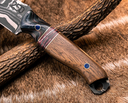 Crow Scout-Sherman Tank SanMai Damascus- Geronimo Lapis Azuli Stone Inlay from Abbottabad Pakistan, WWI,WWII, Vietnam & Modern SEAL Cammie Micarta, American Flag Split, White Oak from the U.S.S. Constitution, Lapis in Brass Pins, Textured Grip