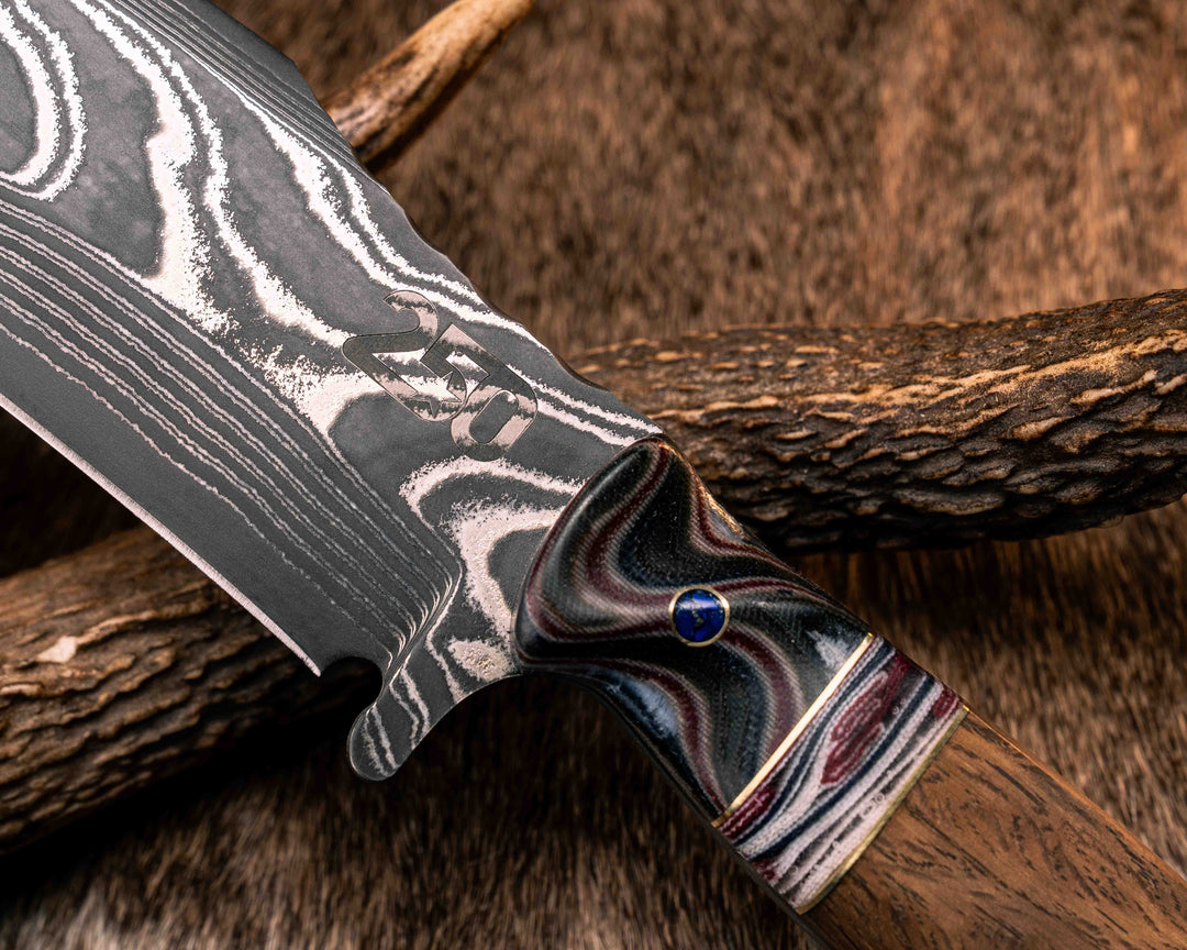 American Bowie- Sherman Tank Damascus SanMai- Geronimo Lapis Azuli Stone Inlay from Abbottabad Pakistan, WWI,WWII, Vietnam & Modern SEAL Cammie Micarta, American Flag Split, White Oak from the U.S.S. Constitution, Lapis in Brass Pins, Textured Grip