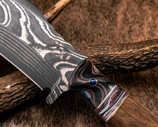 American Bowie- Sherman Tank Damascus SanMai- Geronimo Lapis Azuli Stone Inlay from Abbottabad Pakistan, WWI,WWII, Vietnam & Modern SEAL Cammie Micarta, American Flag Split, White Oak from the U.S.S. Constitution, Lapis in Brass Pins, Textured Grip