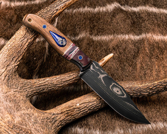 Crow Scout-Sherman Tank SanMai Damascus-Geronimo Lapis Azuli Stone Inlay from Abbottabad Pakistan, WWI,WWII, Vietnam & Modern SEAL Cammie Micarta, American Flag Split, White Oak from the U.S.S. Constitution, Lapis in Brass Pins, Textured Grip