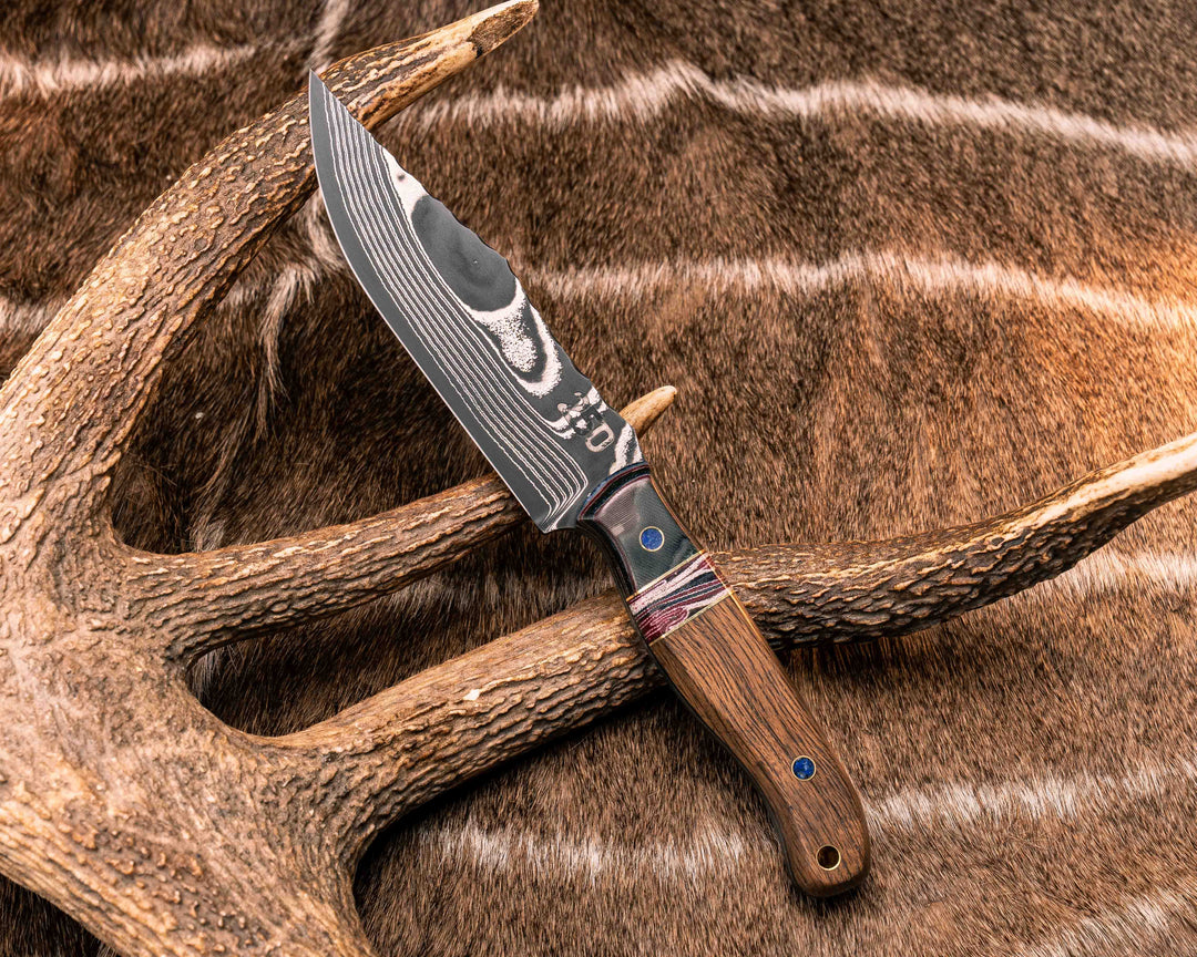 Crow Scout-Sherman Tank SanMai Damascus-Geronimo Lapis Azuli Stone Inlay from Abbottabad Pakistan, WWI,WWII, Vietnam & Modern SEAL Cammie Micarta, American Flag Split, White Oak from the U.S.S. Constitution, Lapis in Brass Pins, Textured Grip