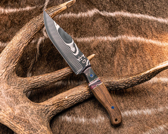 Crow Scout-Sherman Tank SanMai Damascus-Geronimo Lapis Azuli Stone Inlay from Abbottabad Pakistan, WWI,WWII, Vietnam & Modern SEAL Cammie Micarta, American Flag Split, White Oak from the U.S.S. Constitution, Lapis in Brass Pins, Textured Grip