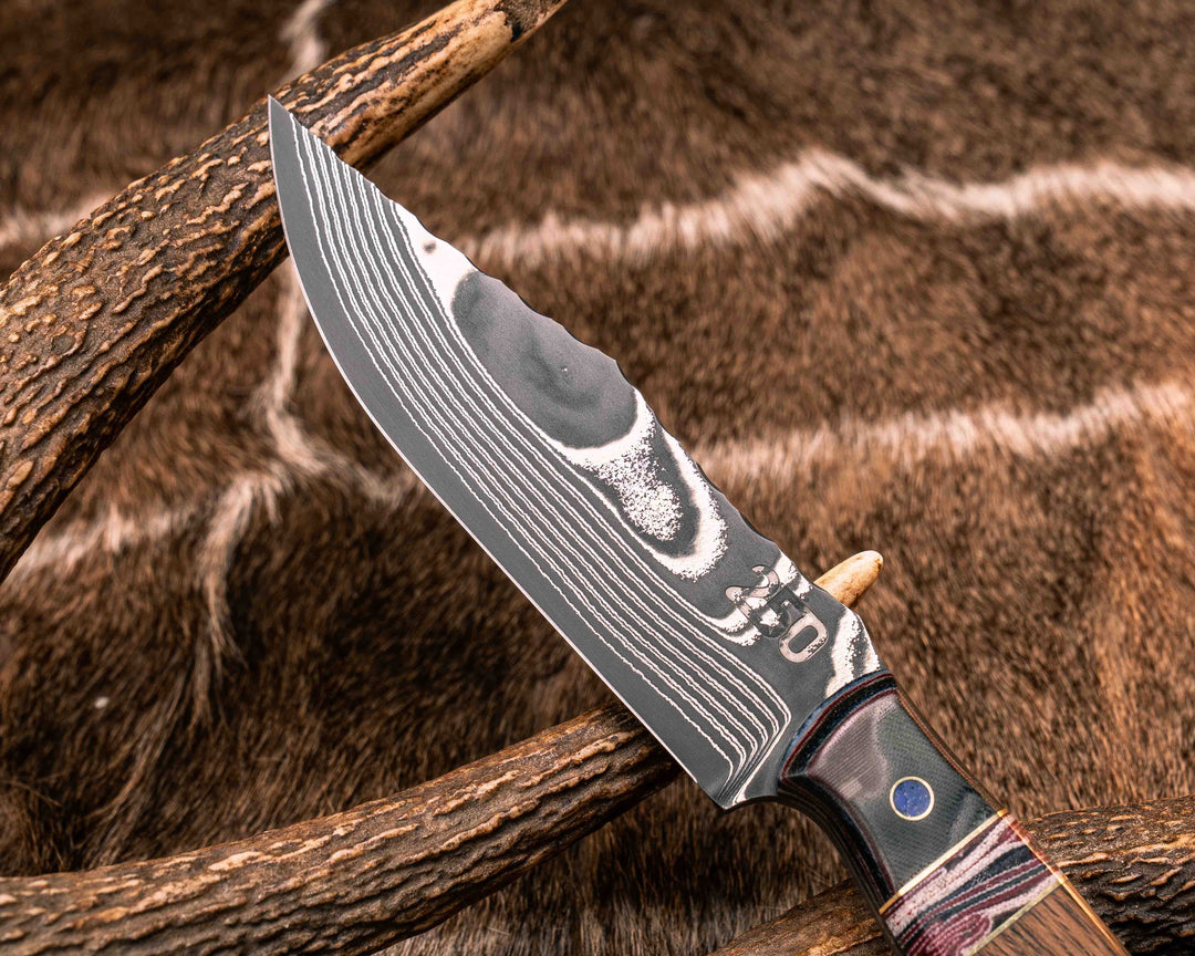 Crow Scout-Sherman Tank SanMai Damascus-Geronimo Lapis Azuli Stone Inlay from Abbottabad Pakistan, WWI,WWII, Vietnam & Modern SEAL Cammie Micarta, American Flag Split, White Oak from the U.S.S. Constitution, Lapis in Brass Pins, Textured Grip