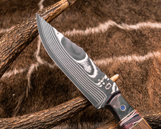 Crow Scout-Sherman Tank SanMai Damascus-Geronimo Lapis Azuli Stone Inlay from Abbottabad Pakistan, WWI,WWII, Vietnam & Modern SEAL Cammie Micarta, American Flag Split, White Oak from the U.S.S. Constitution, Lapis in Brass Pins, Textured Grip