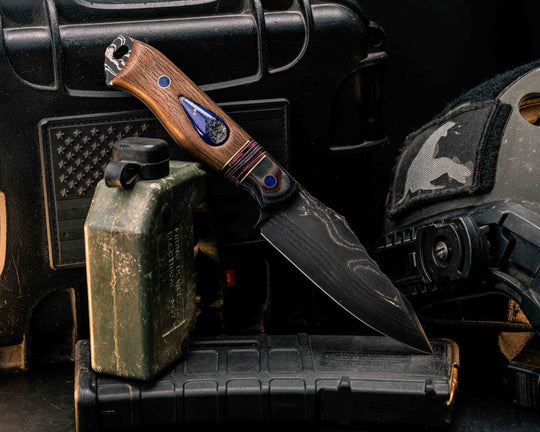Field Knife-Sherman Tank SanMai Damascus-Geronimo Lapis Azuli Stone Inlay from Abbottabad Pakistan, WWI,WWII, Vietnam & Modern SEAL Cammie Micarta, American Flag Split, White Oak from the U.S.S. Constitution, Lapis in Brass Pins, Textured Grip