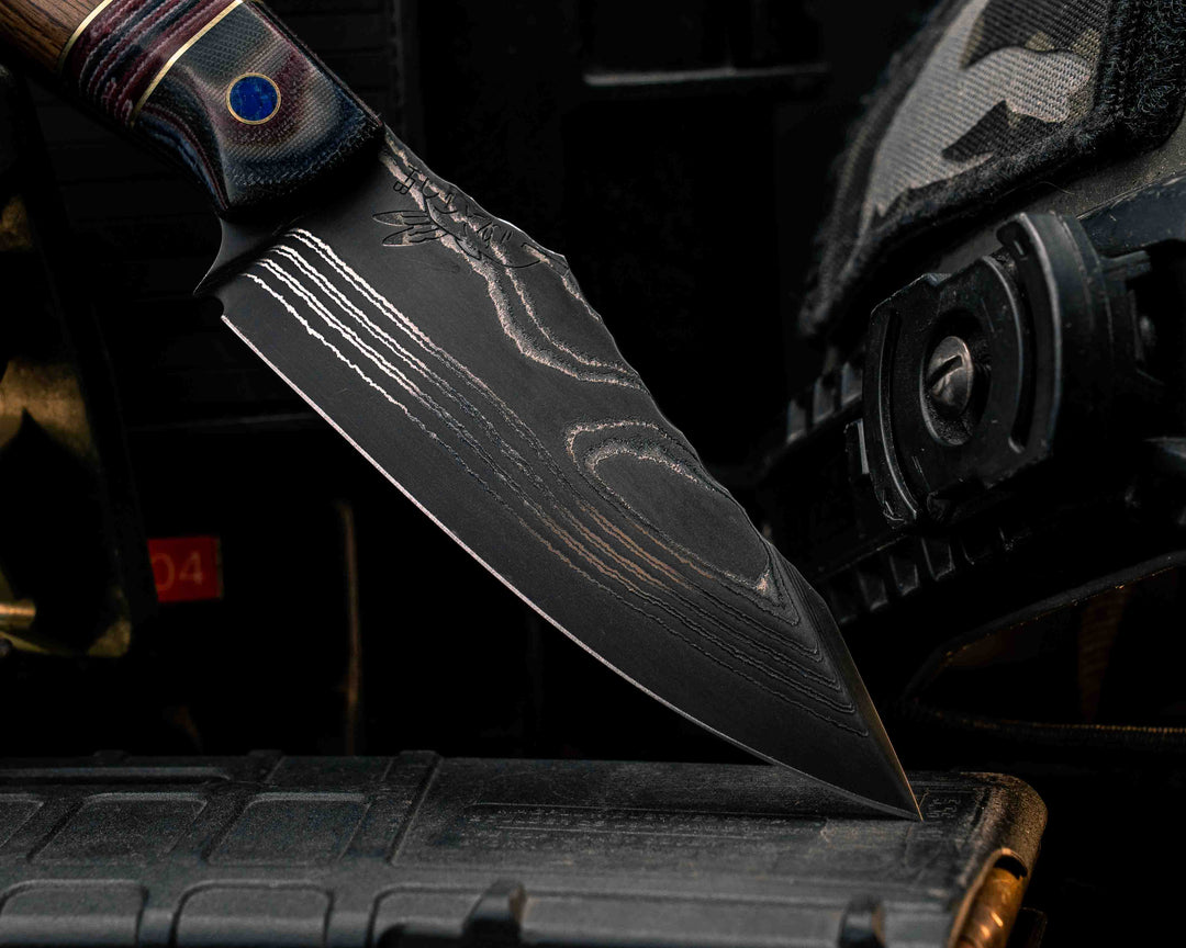 Field Knife-Sherman Tank SanMai Damascus-Geronimo Lapis Azuli Stone Inlay from Abbottabad Pakistan, WWI,WWII, Vietnam & Modern SEAL Cammie Micarta, American Flag Split, White Oak from the U.S.S. Constitution, Lapis in Brass Pins, Textured Grip