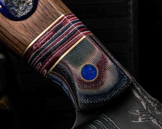 Field Knife-Sherman Tank SanMai Damascus-Geronimo Lapis Azuli Stone Inlay from Abbottabad Pakistan, WWI,WWII, Vietnam & Modern SEAL Cammie Micarta, American Flag Split, White Oak from the U.S.S. Constitution, Lapis in Brass Pins, Textured Grip