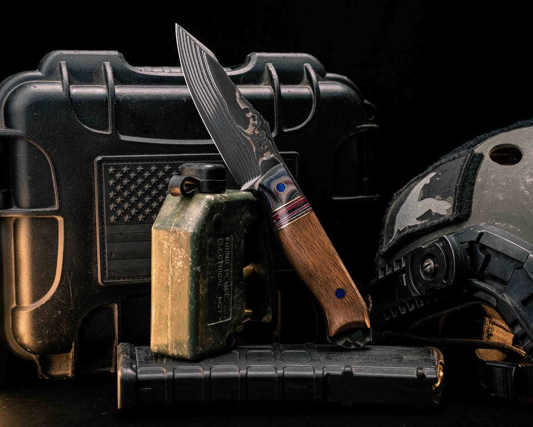 Field Knife-Sherman Tank SanMai Damascus-Geronimo Lapis Azuli Stone Inlay from Abbottabad Pakistan, WWI,WWII, Vietnam & Modern SEAL Cammie Micarta, American Flag Split, White Oak from the U.S.S. Constitution, Lapis in Brass Pins, Textured Grip