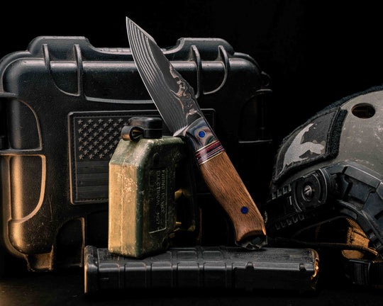 Field Knife-Sherman Tank SanMai Damascus-Geronimo Lapis Azuli Stone Inlay from Abbottabad Pakistan, WWI,WWII, Vietnam & Modern SEAL Cammie Micarta, American Flag Split, White Oak from the U.S.S. Constitution, Lapis in Brass Pins, Textured Grip