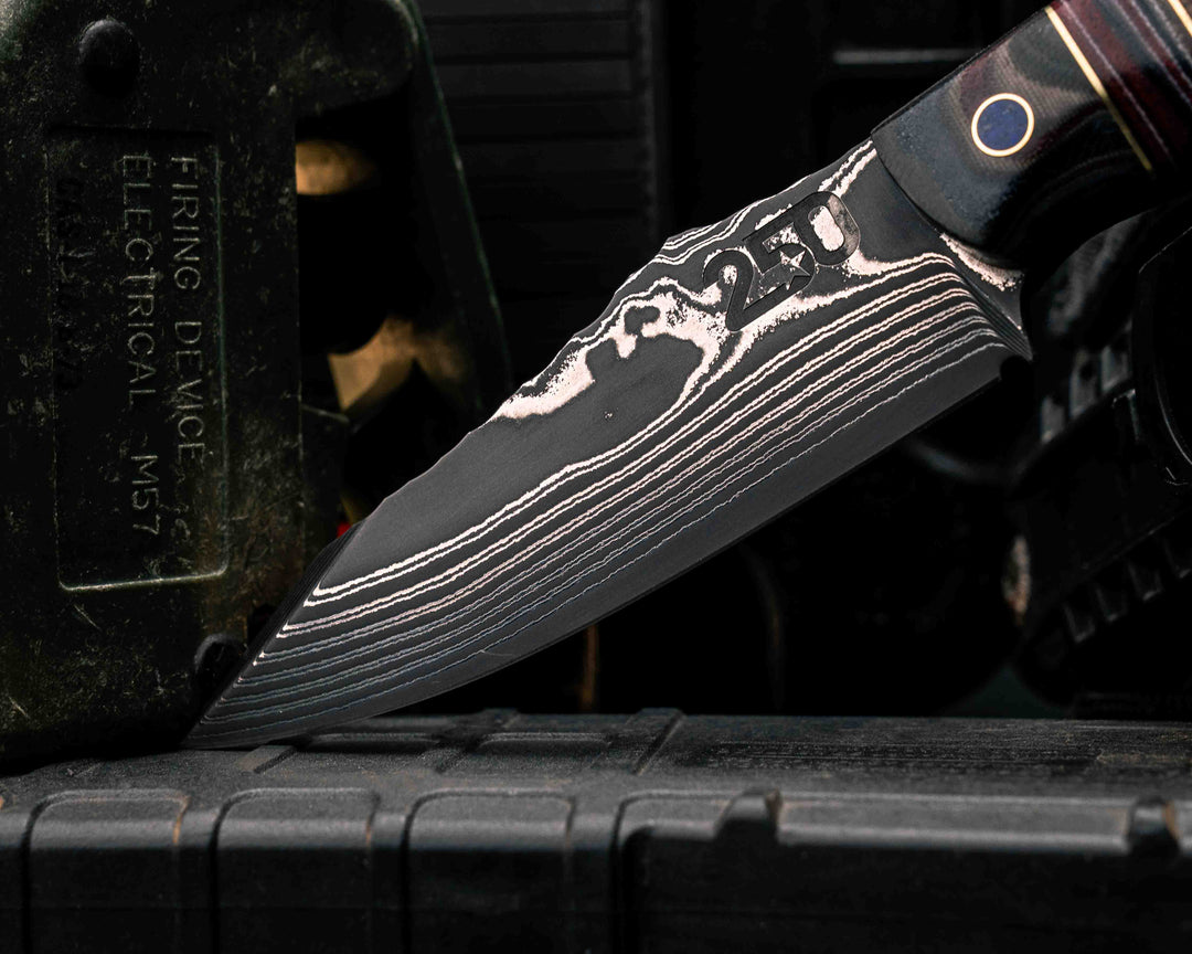 Field Knife-Sherman Tank SanMai Damascus-Geronimo Lapis Azuli Stone Inlay from Abbottabad Pakistan, WWI,WWII, Vietnam & Modern SEAL Cammie Micarta, American Flag Split, White Oak from the U.S.S. Constitution, Lapis in Brass Pins, Textured Grip