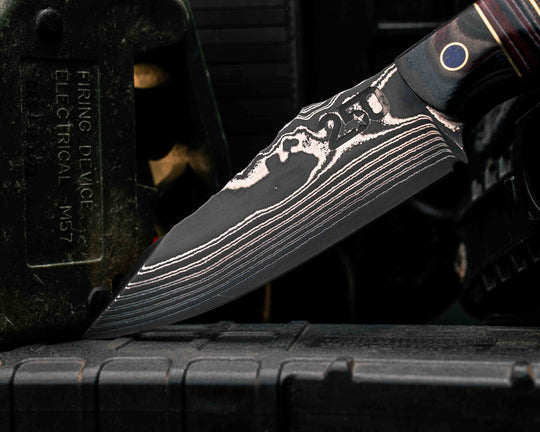 Field Knife-Sherman Tank SanMai Damascus-Geronimo Lapis Azuli Stone Inlay from Abbottabad Pakistan, WWI,WWII, Vietnam & Modern SEAL Cammie Micarta, American Flag Split, White Oak from the U.S.S. Constitution, Lapis in Brass Pins, Textured Grip