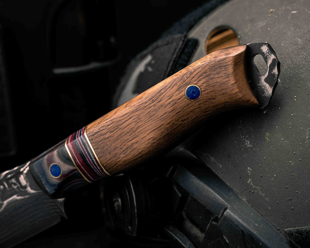 Field Knife-Sherman Tank SanMai Damascus-Geronimo Lapis Azuli Stone Inlay from Abbottabad Pakistan, WWI,WWII, Vietnam & Modern SEAL Cammie Micarta, American Flag Split, White Oak from the U.S.S. Constitution, Lapis in Brass Pins, Textured Grip