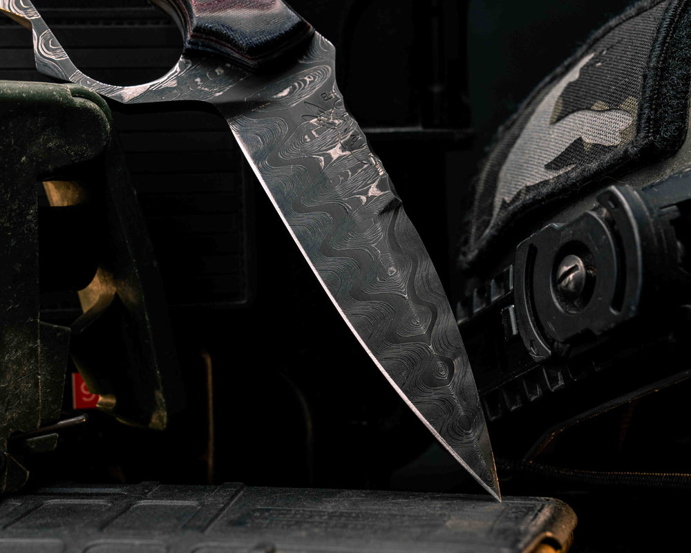 Trench Knife-Tiger Tank SanMai Damascus- Geronimo Lapis Azuli stone Inlay from Abbottabad Pakistan, WWI,WWII,Vietnam & Modern SEAL Cammie Micarta, Brass/American Flag Micarta Split, White Oak from U.S.S. Constitution, Crushed Lapis in Brass Pins