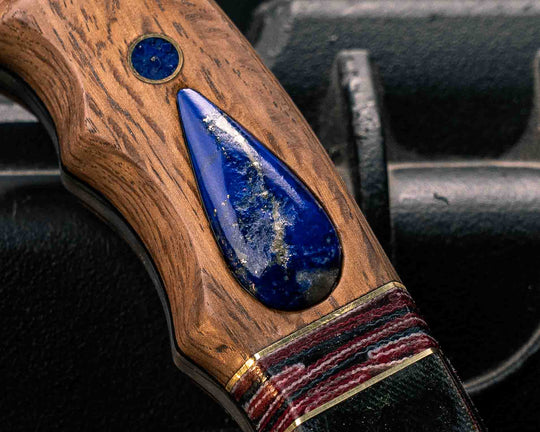 Trench Knife-Tiger Tank SanMai Damascus- Geronimo Lapis Azuli stone Inlay from Abbottabad Pakistan, WWI,WWII,Vietnam & Modern SEAL Cammie Micarta, Brass/American Flag Micarta Split, White Oak from U.S.S. Constitution, Crushed Lapis in Brass Pins