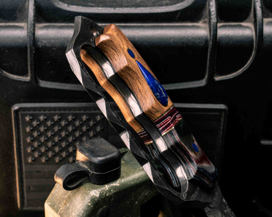 Trench Knife-Tiger Tank SanMai Damascus- Geronimo Lapis Azuli stone Inlay from Abbottabad Pakistan, WWI,WWII,Vietnam & Modern SEAL Cammie Micarta, Brass/American Flag Micarta Split, White Oak from U.S.S. Constitution, Crushed Lapis in Brass Pins