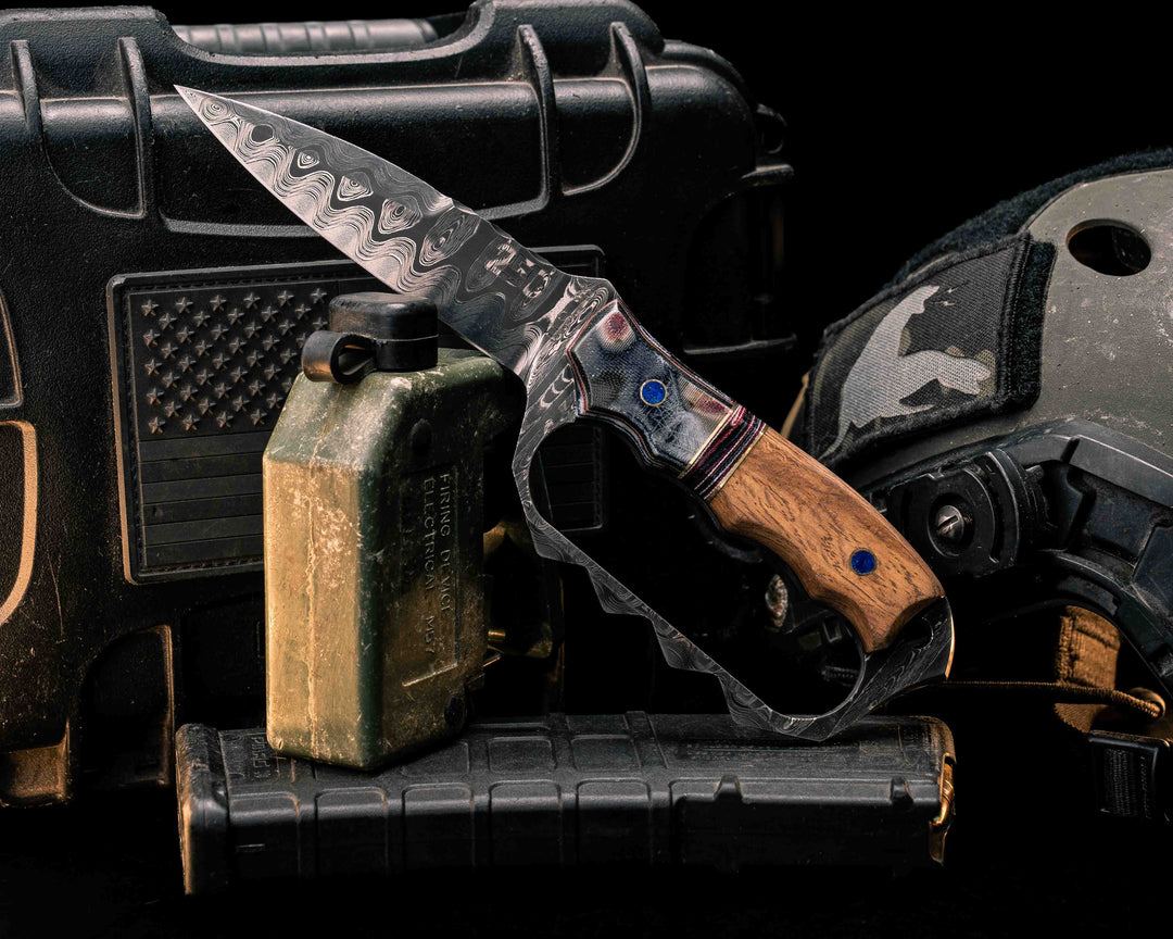 Trench Knife-Tiger Tank SanMai Damascus- Geronimo Lapis Azuli stone Inlay from Abbottabad Pakistan, WWI,WWII,Vietnam & Modern SEAL Cammie Micarta, Brass/American Flag Micarta Split, White Oak from U.S.S. Constitution, Crushed Lapis in Brass Pins
