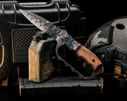 Trench Knife-Tiger Tank SanMai Damascus- Geronimo Lapis Azuli stone Inlay from Abbottabad Pakistan, WWI,WWII,Vietnam & Modern SEAL Cammie Micarta, Brass/American Flag Micarta Split, White Oak from U.S.S. Constitution, Crushed Lapis in Brass Pins
