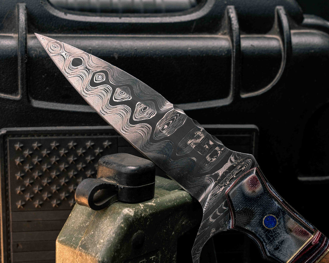 Trench Knife-Tiger Tank SanMai Damascus- Geronimo Lapis Azuli stone Inlay from Abbottabad Pakistan, WWI,WWII,Vietnam & Modern SEAL Cammie Micarta, Brass/American Flag Micarta Split, White Oak from U.S.S. Constitution, Crushed Lapis in Brass Pins