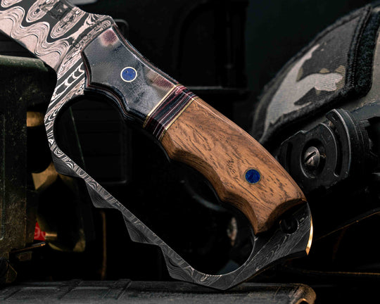 Trench Knife-Tiger Tank SanMai Damascus- Geronimo Lapis Azuli stone Inlay from Abbottabad Pakistan, WWI,WWII,Vietnam & Modern SEAL Cammie Micarta, Brass/American Flag Micarta Split, White Oak from U.S.S. Constitution, Crushed Lapis in Brass Pins