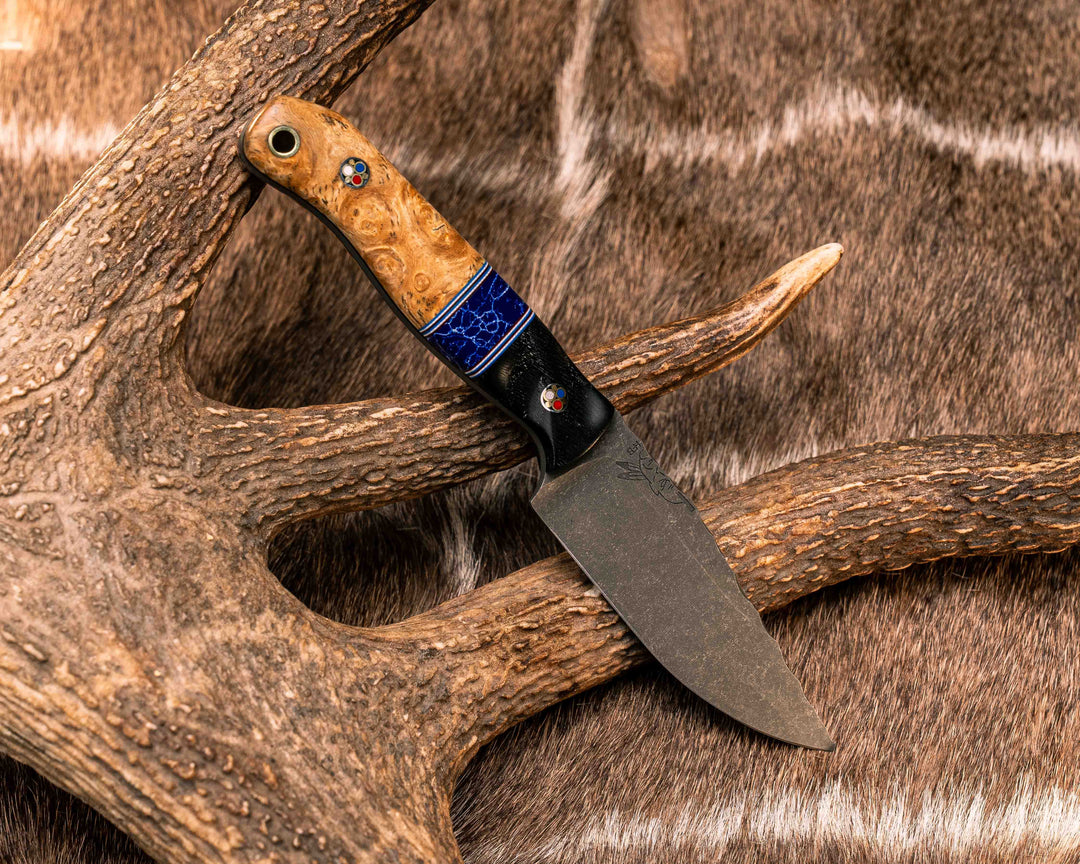 Feather Light- Ancient Bog Oak, Blue, White and Red G10 Pin Striping, Sodalite Tru-stone Split, Black Ash, Patriot Mosaic Pins, Brass Lanyard Pin, Textured Grip