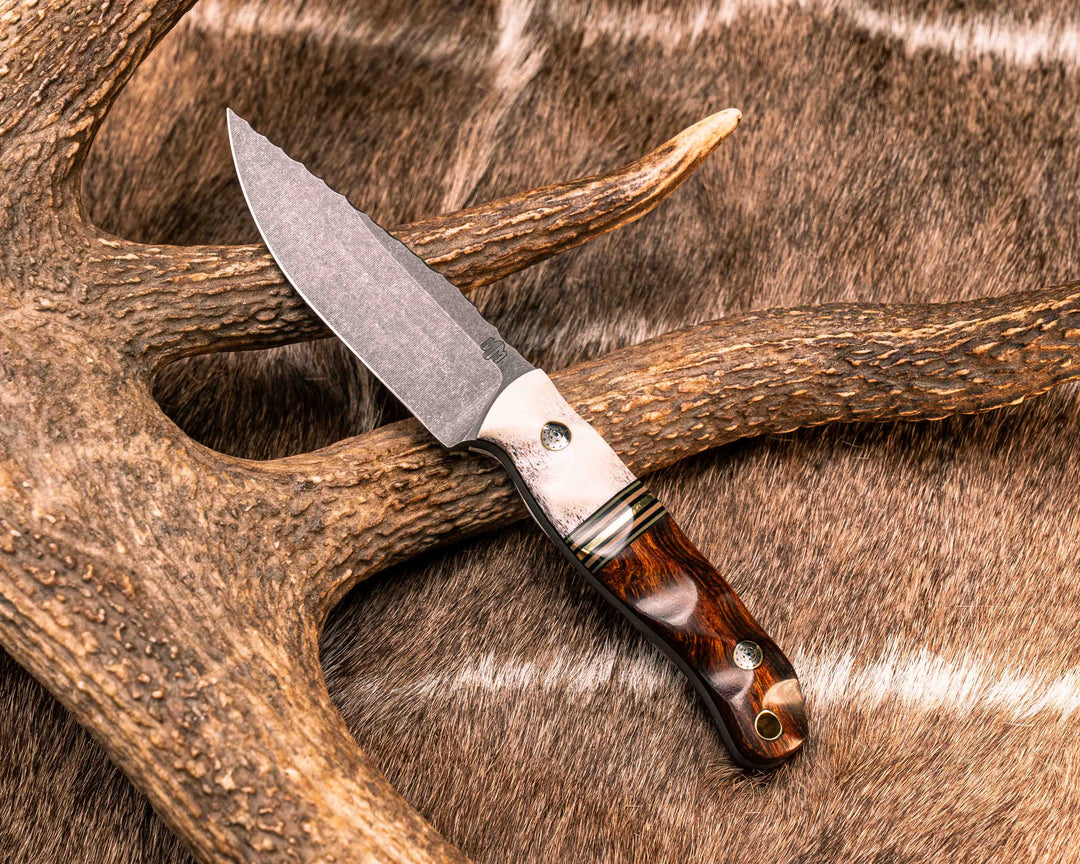Feather Light- Elk Antler, Black G10, OD Green G10 and Brass Split, Desert Ironwood, Mosaic Pins, Brass Lanyard Pin, Textured Grip