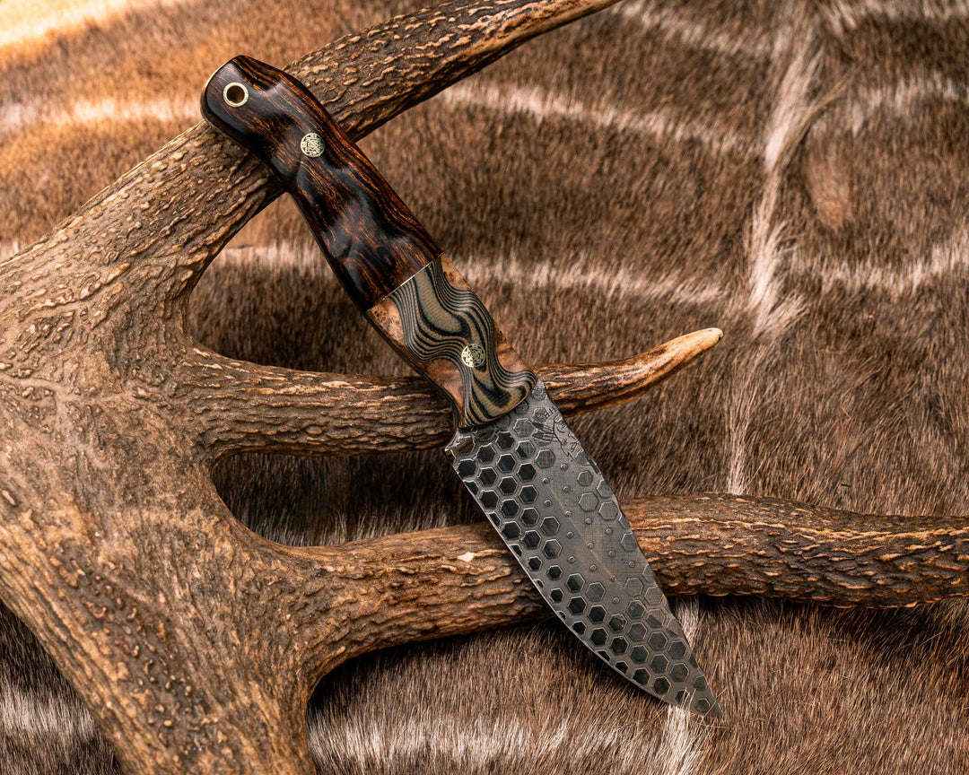 Crow Jr- OD Green and Black G10 Over Black Ash Burl, Brass Split, Desert Ironwood, Mosaic Pins, Brass Lanyard Pin, Textured Grip
