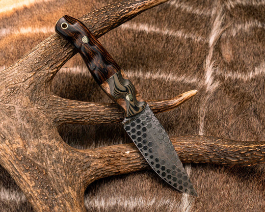 Crow Jr- OD Green and Black G10 Over Black Ash Burl, Brass Split, Desert Ironwood, Mosaic Pins, Brass Lanyard Pin, Textured Grip