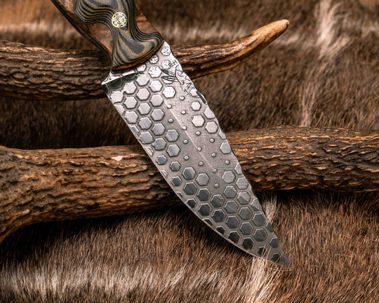 Crow Jr- OD Green and Black G10 Over Black Ash Burl, Brass Split, Desert Ironwood, Mosaic Pins, Brass Lanyard Pin, Textured Grip